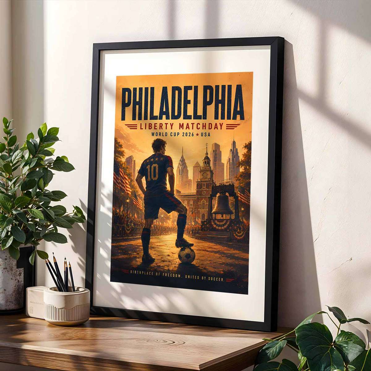 Philadelphia skyline at sunset with stadium lights glowing and a subtle World Cup 2026 emblem overlay