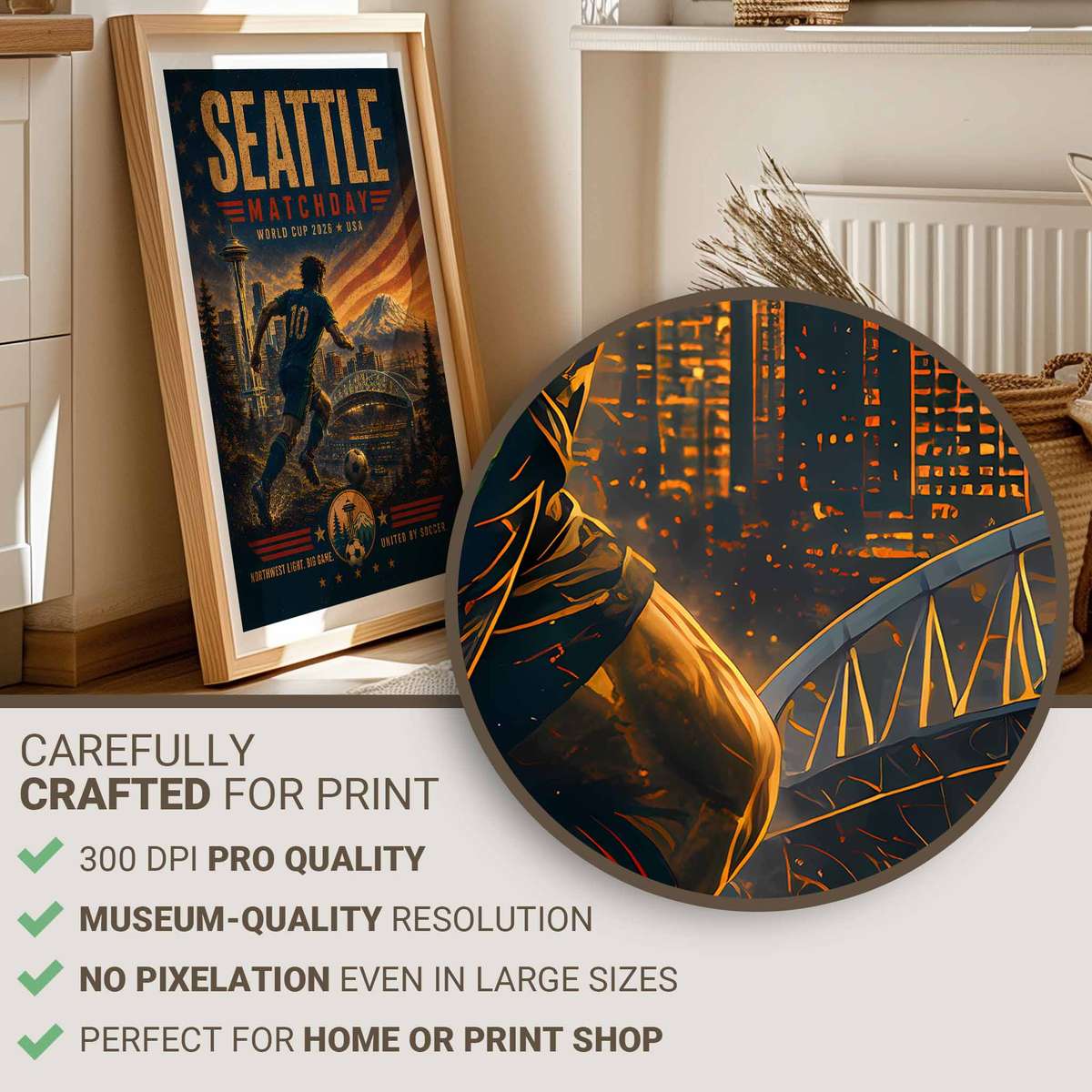 New York skyline at dusk with a World Cup 2026 poster overlay capturing match-day lights and cheering fans