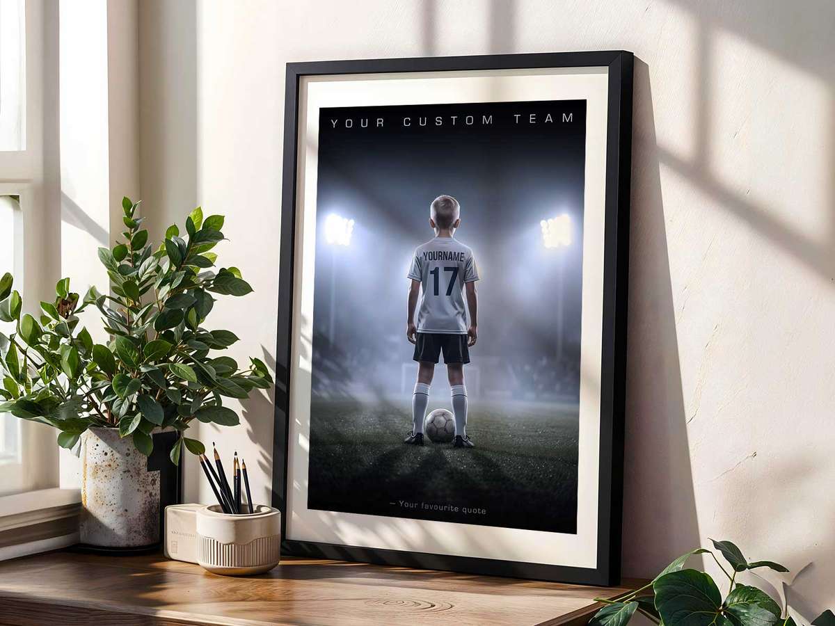 Action shot of a player mid-kick seamlessly integrated into a poster layout with school crest