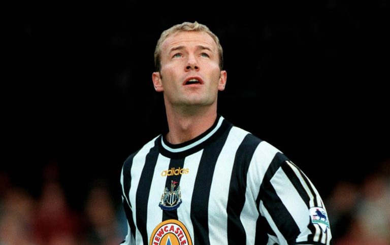 Alan Shearer in black-and-white Newcastle kit, Premier League striker image