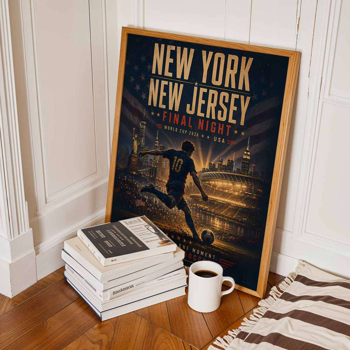 Poster featuring an American pride banner integrated into World Cup imagery with subtle soccer motifs