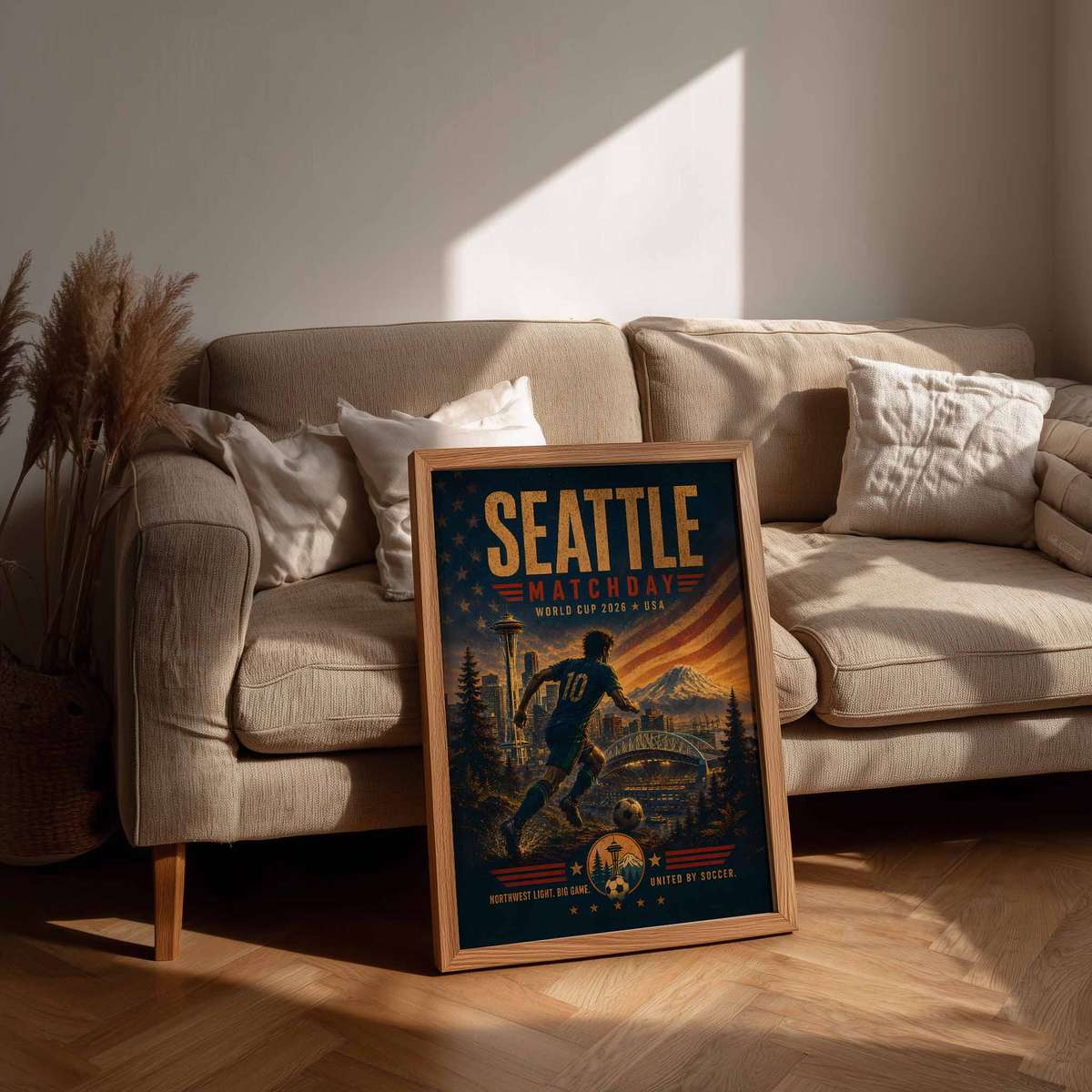 American flag elements and fan banners woven into a Seattle World Cup poster design