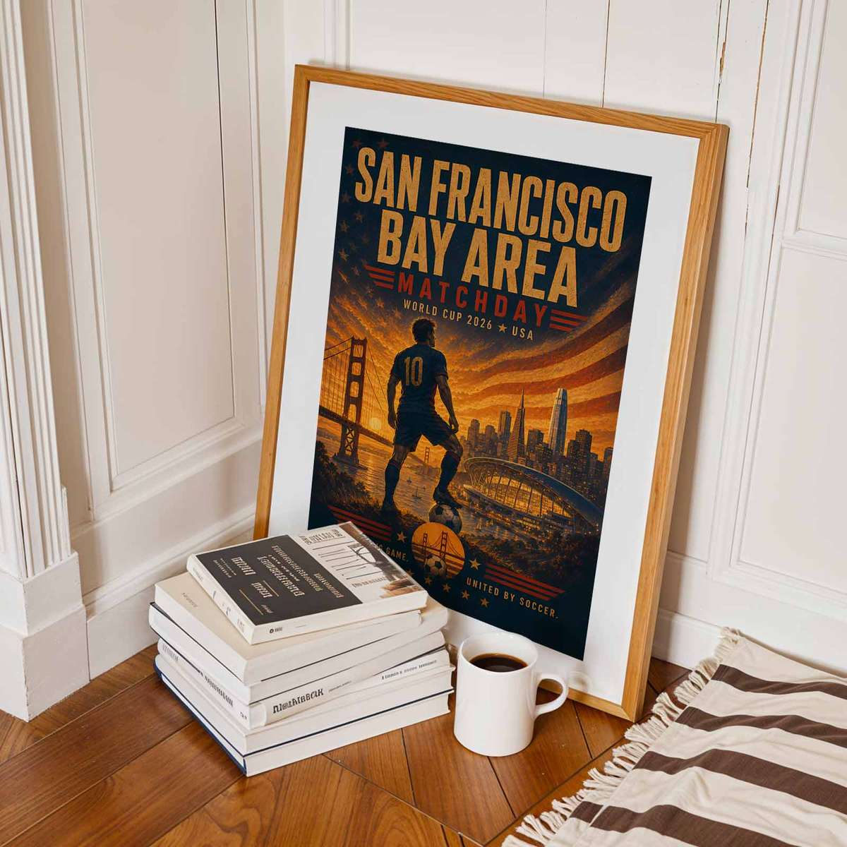 American flag elements and fan banners woven into a Seattle World Cup poster design