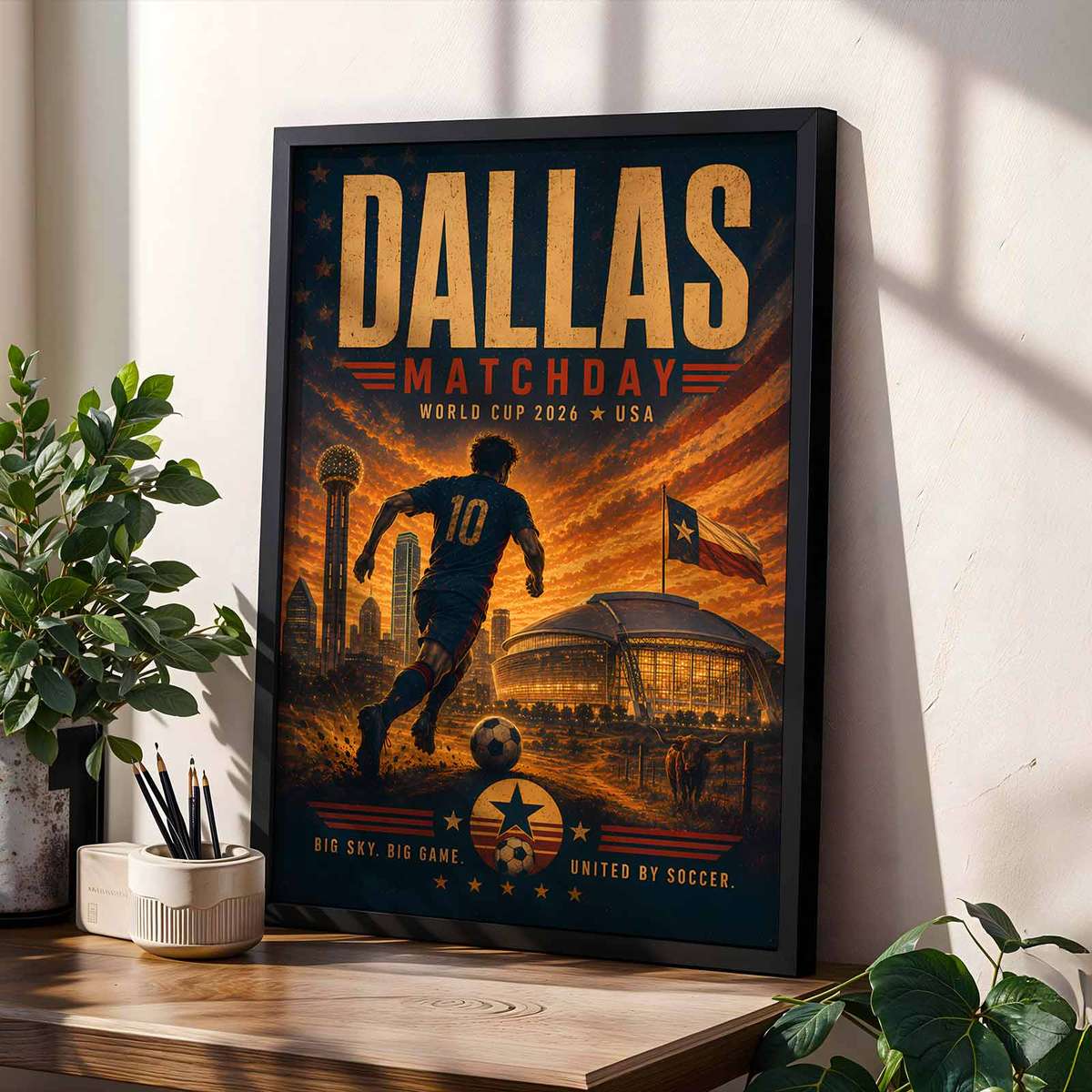Poster design blending American flag colors with soccer motifs and Dallas skyline accents