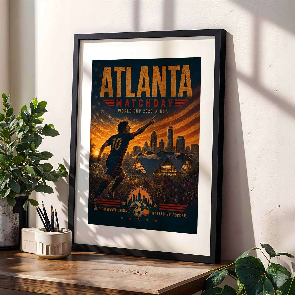 Graphic poster emphasizing Atlanta's architectural lines and stadium silhouette against twilight