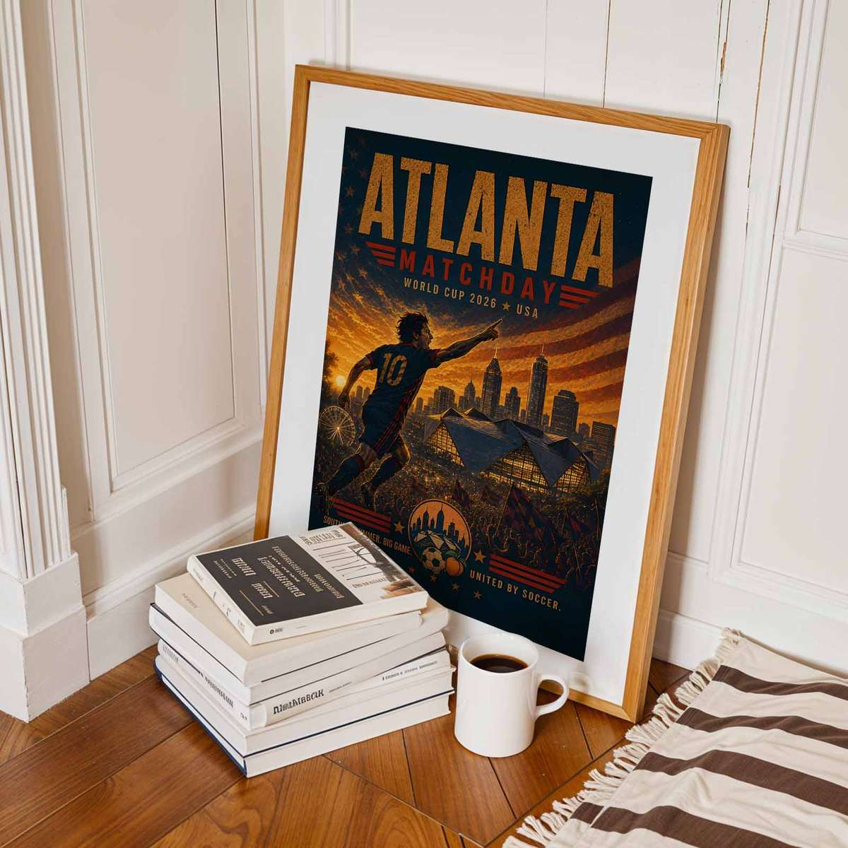 Atlanta skyline at sunset with stadium floodlights suggesting a World Cup final night