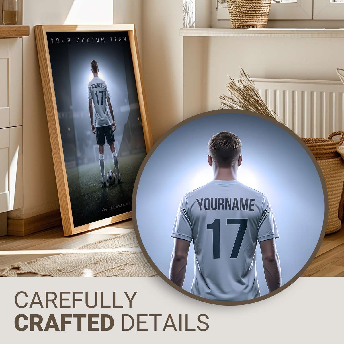 Close-up of a polished metal soccer ball trophy with a personalized engraved plaque reflecting team name and season