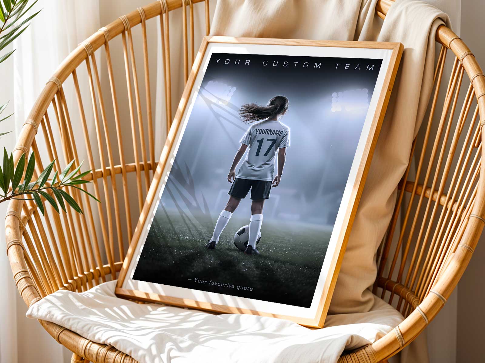 Custom soccer poster as an accent on a bedroom wall above a desk, complemented by team colors and memorabilia
