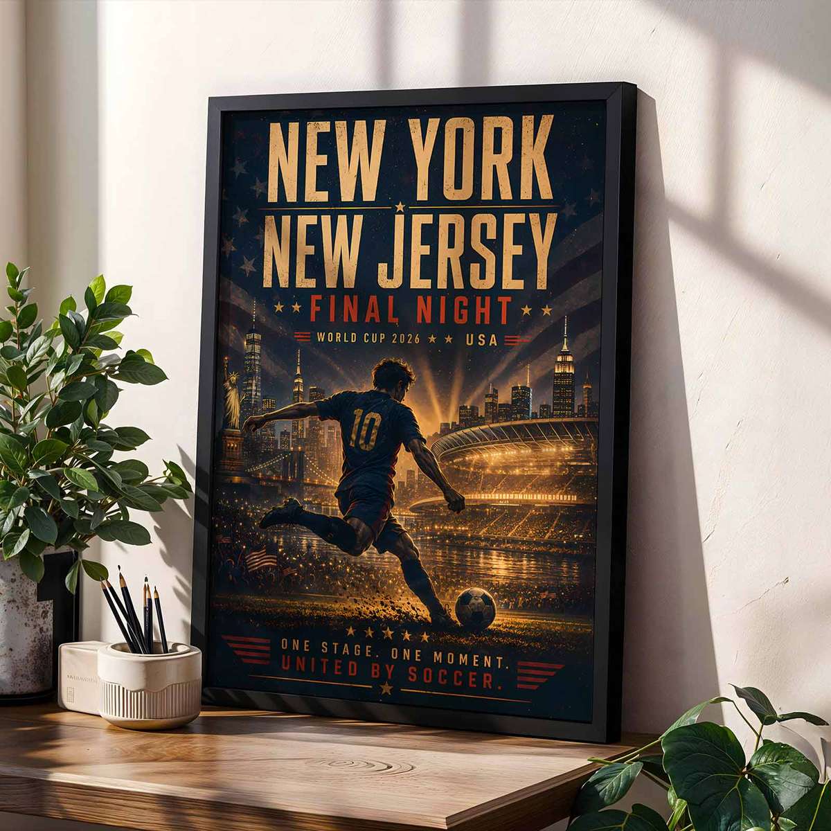 Close-up poster of fans celebrating with scarves and flags under stadium lights in New York