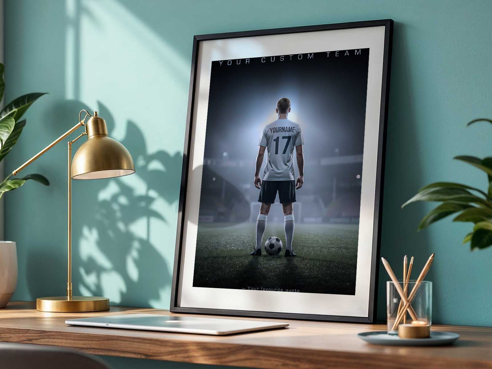 Minimalist custom soccer poster with a subtle nod to a favorite club through a small badge and color accents