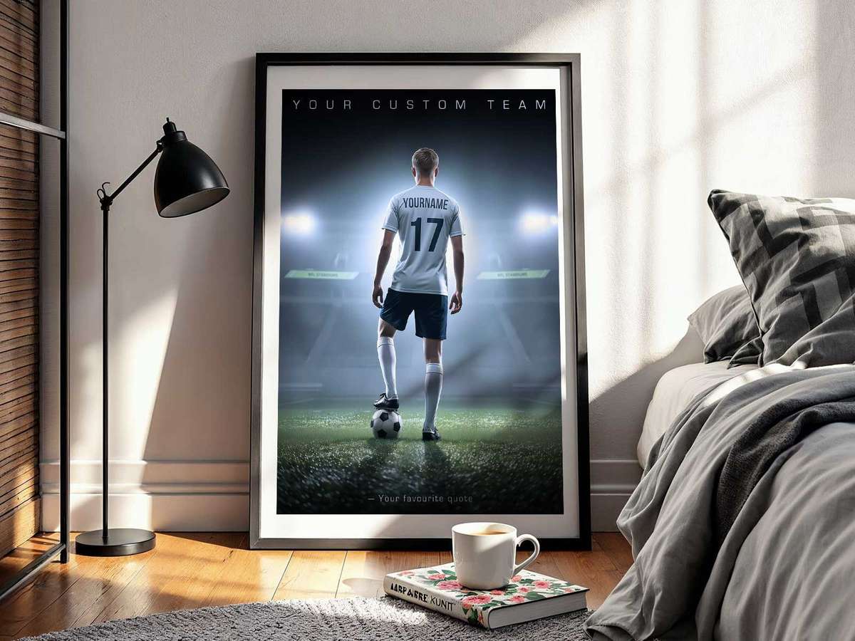 Printed collage-style poster featuring multiple candid moments from the player’s career arranged with decorative borders…
