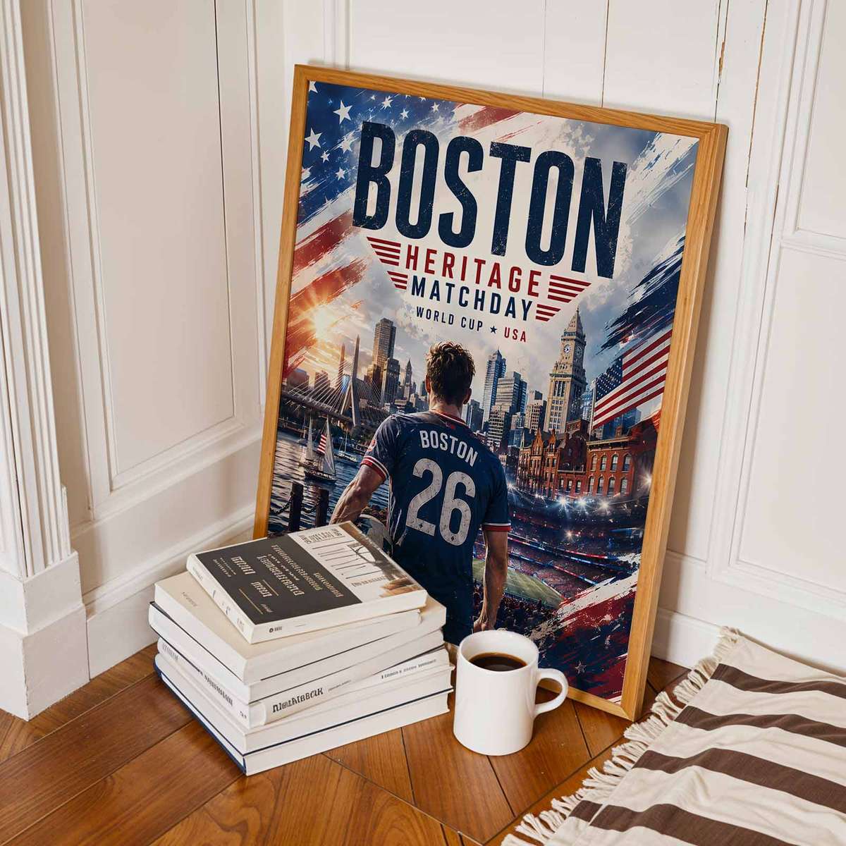 Mockup of a custom World Cup 2026 Boston poster displayed on a living room wall above a couch, showing how the artwork…