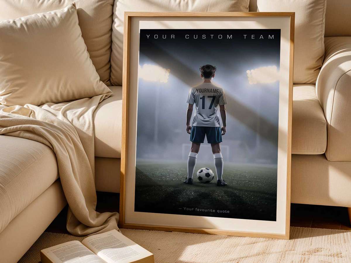 Framed poster showing team highlights and key moments with a consistent color palette and typography