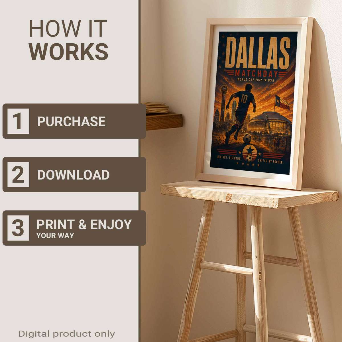 Custom poster showing Dallas skyline at twilight with stadium lights glowing and final match atmosphere