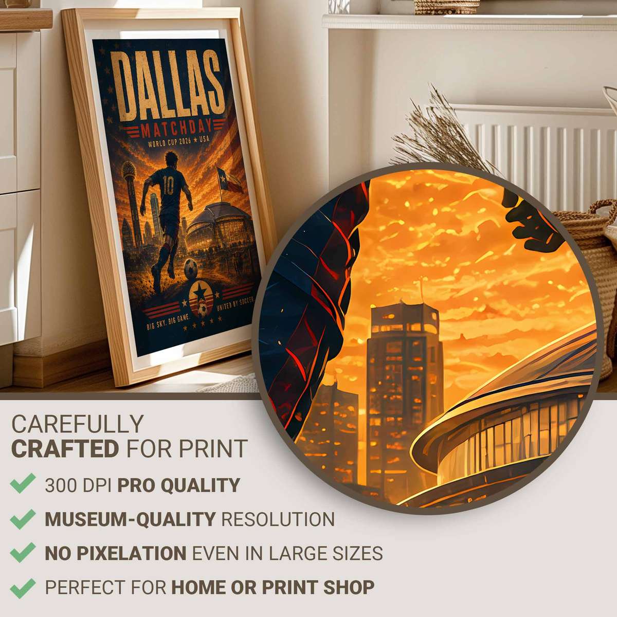 Custom poster showing Dallas skyline at twilight with stadium lights glowing and final match atmosphere