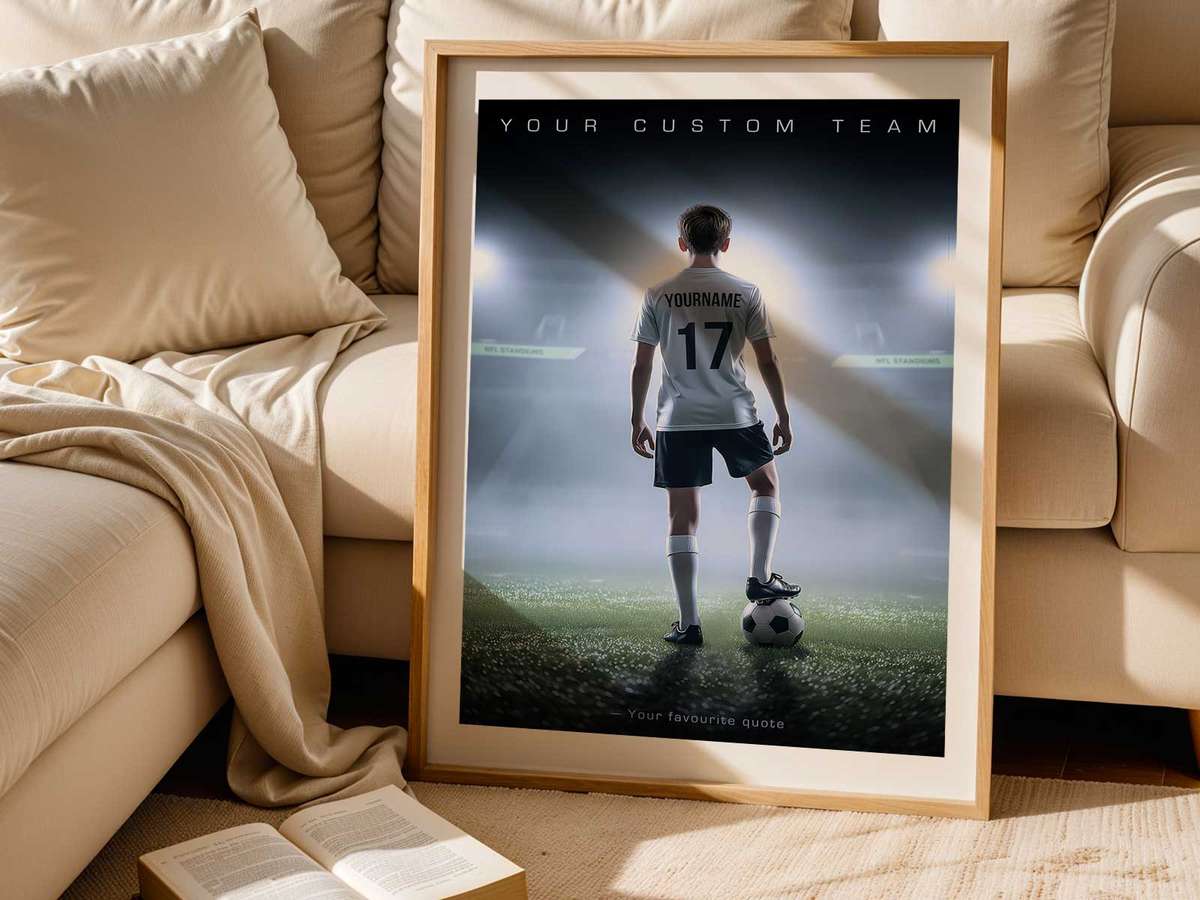 Poster mounted on an easel at a soccer field ceremony with soft evening light and nearby floral arrangement
