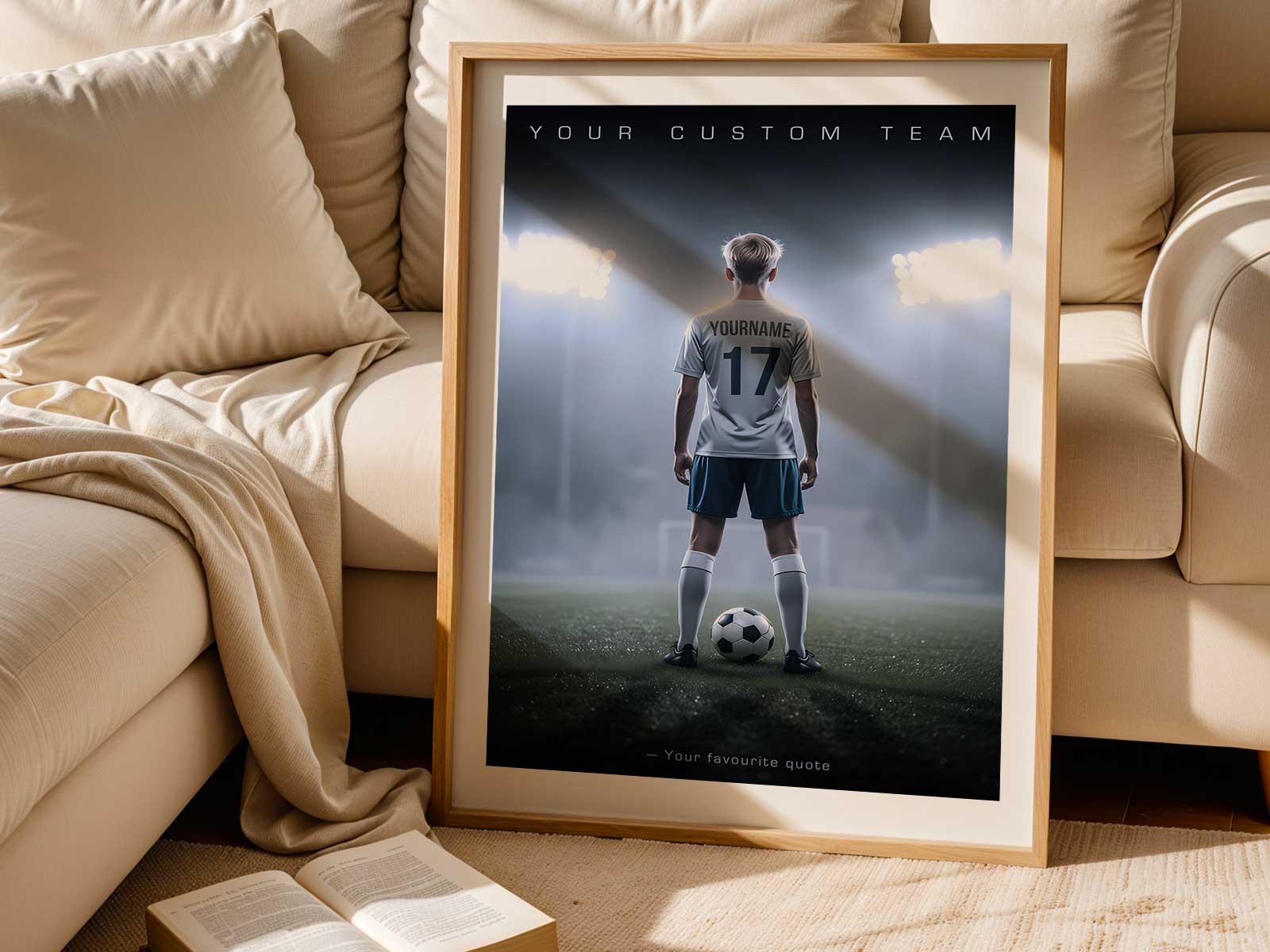 Framed jersey signed by teammates displayed with a photo caption noting the season and contributions