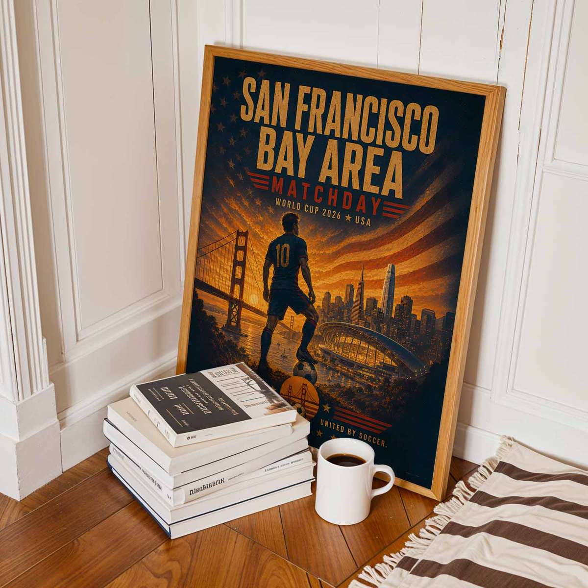Poster showing silhouettes of cheering fans in front of a panoramic San Francisco cityscape