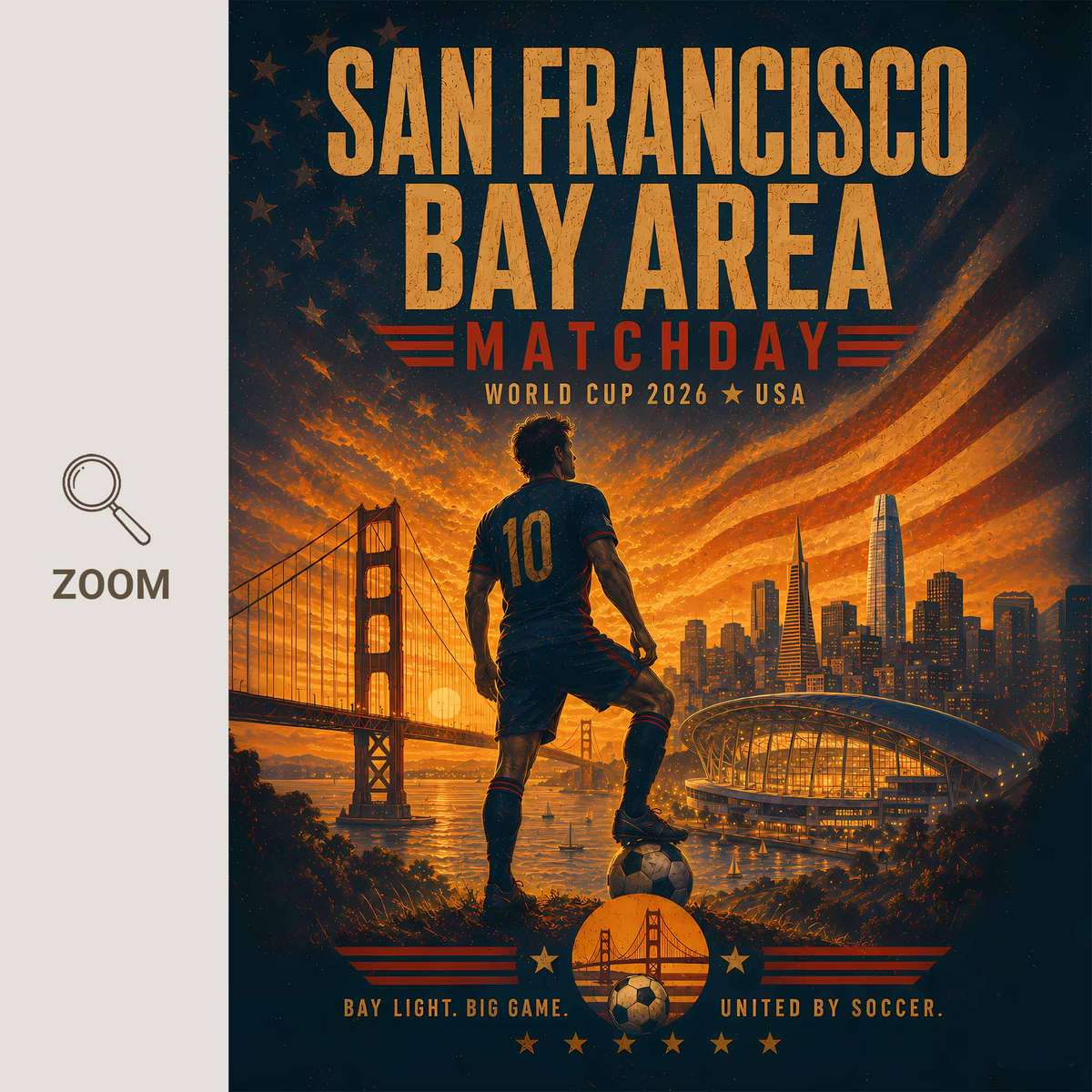 Poster depicting players celebrating under stadium lights with confetti and a silhouetted skyline behind them