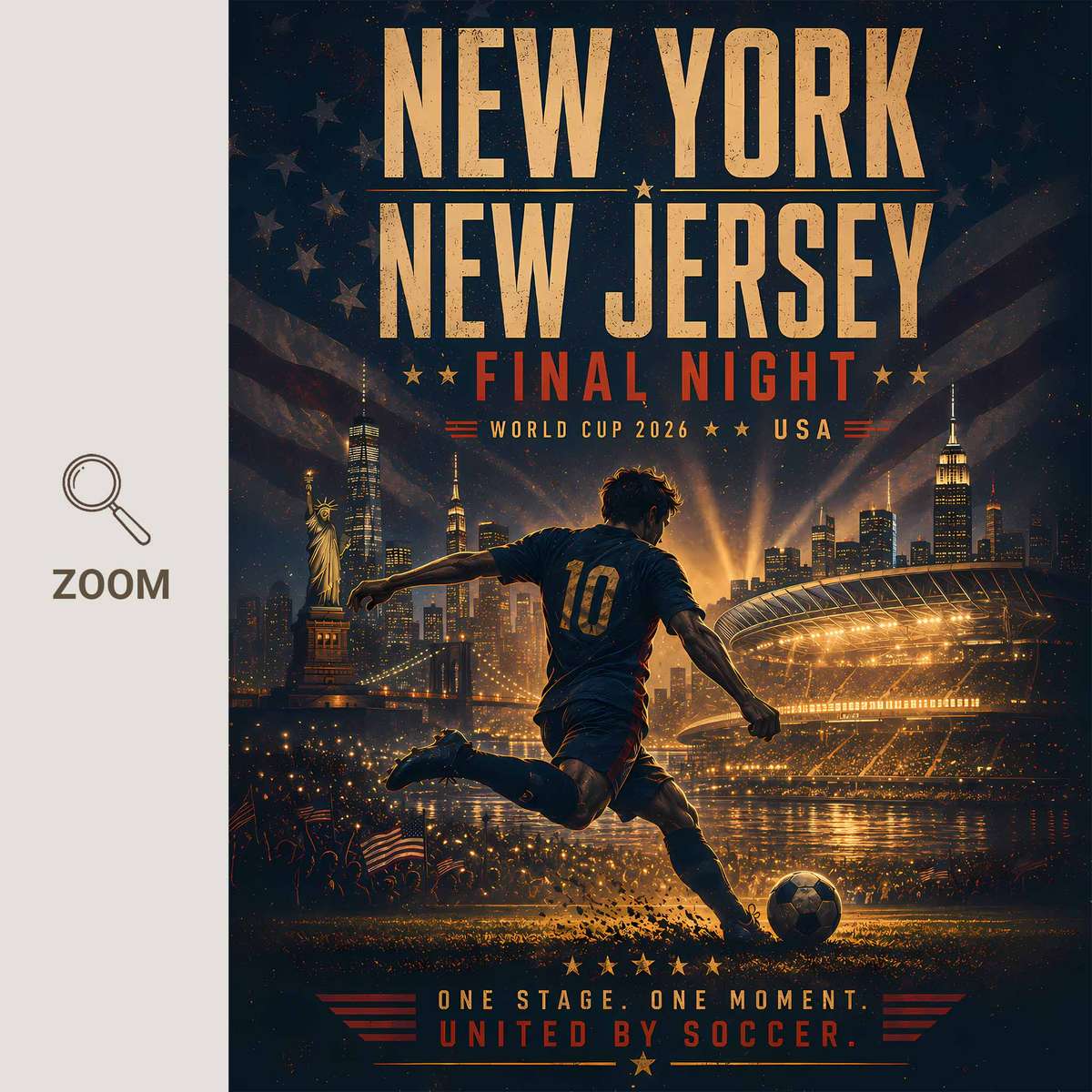 Dramatic poster showing final match lighting beaming over a packed stadium against the city skyline