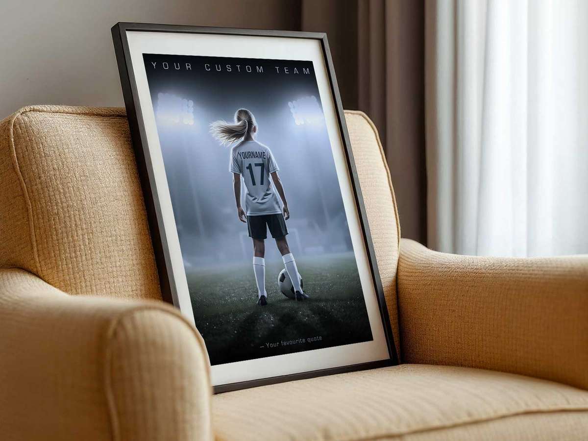 Framed action photo of a USWNT player on a floating shelf alongside a small plant and a soccer trophy