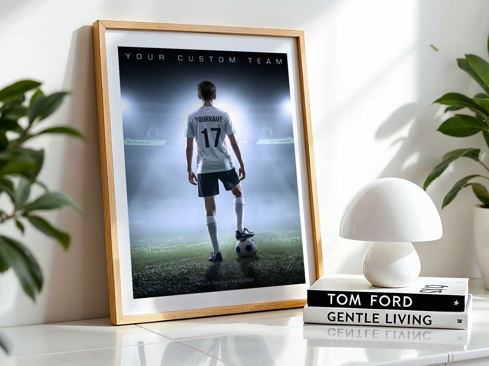Framed personalized football poster displayed on a wall as a treasured keepsake