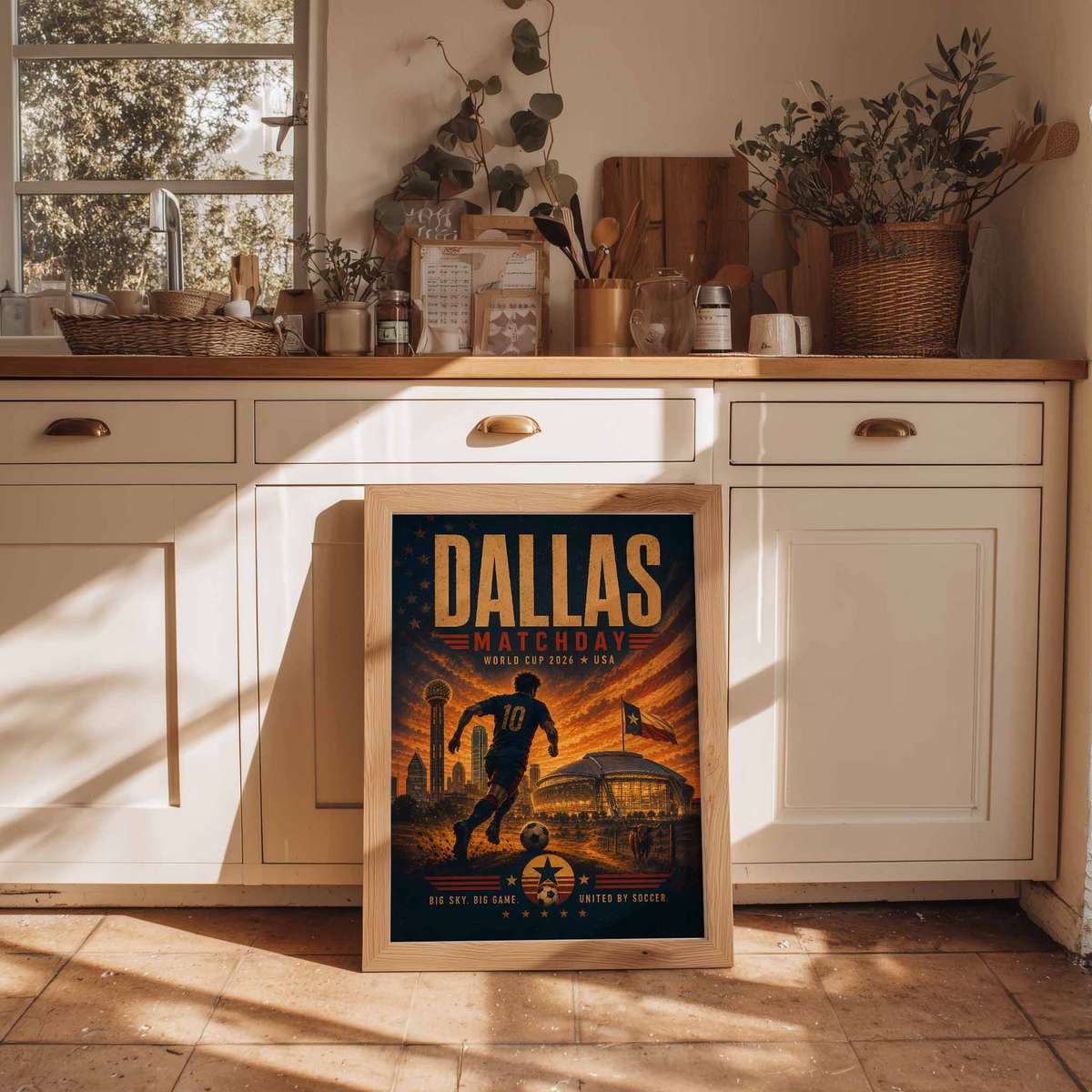 Framed World Cup 2026 poster displayed on a living room wall above a sofa, showcasing how it integrates into home decor