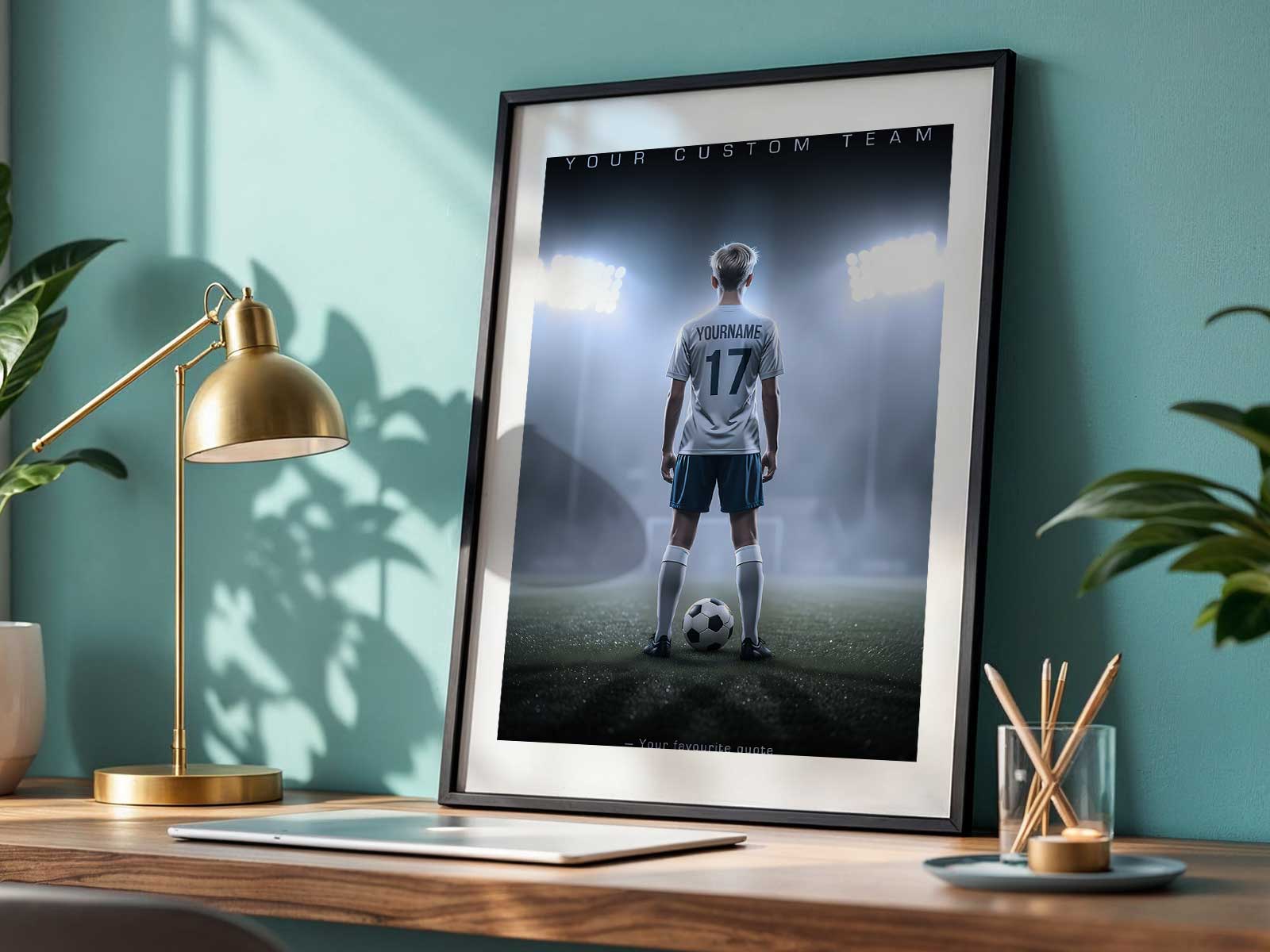 Rolled soccer poster tied with ribbon and a handwritten note, presented as a gift-ready keepsake