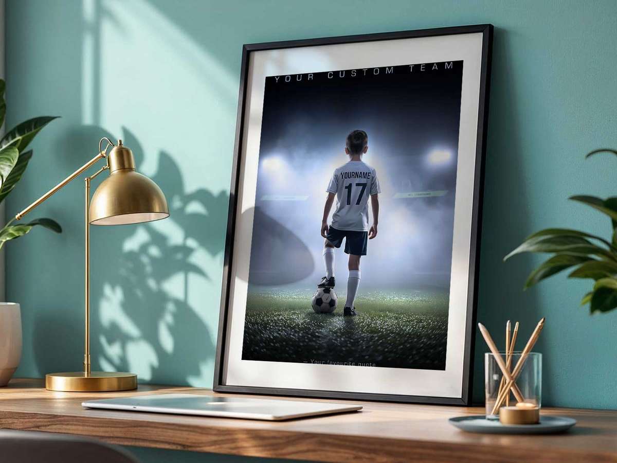 Portrait poster of a goalkeeper with a short, personalized quote and season year in a tasteful layout