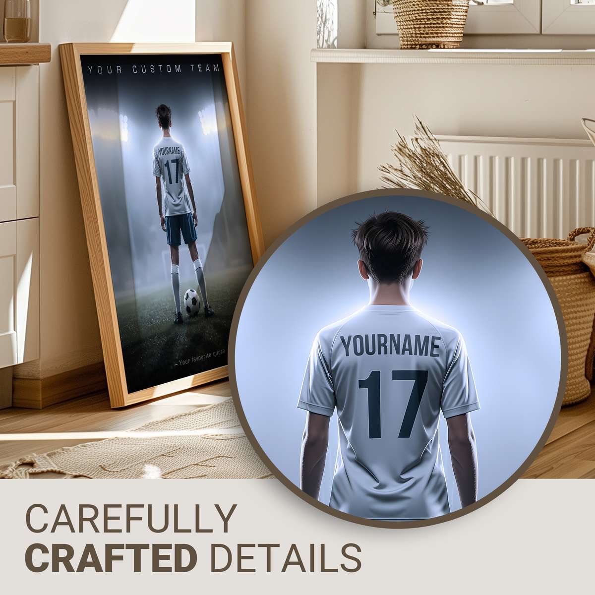 Framed poster collage showing a goalkeeper in action, season highlights, and small stitched dates