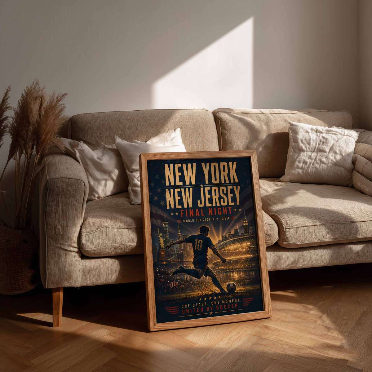 Poster artwork inspired by a historic match scoreboard, framed by skyline motifs and celebratory lighting