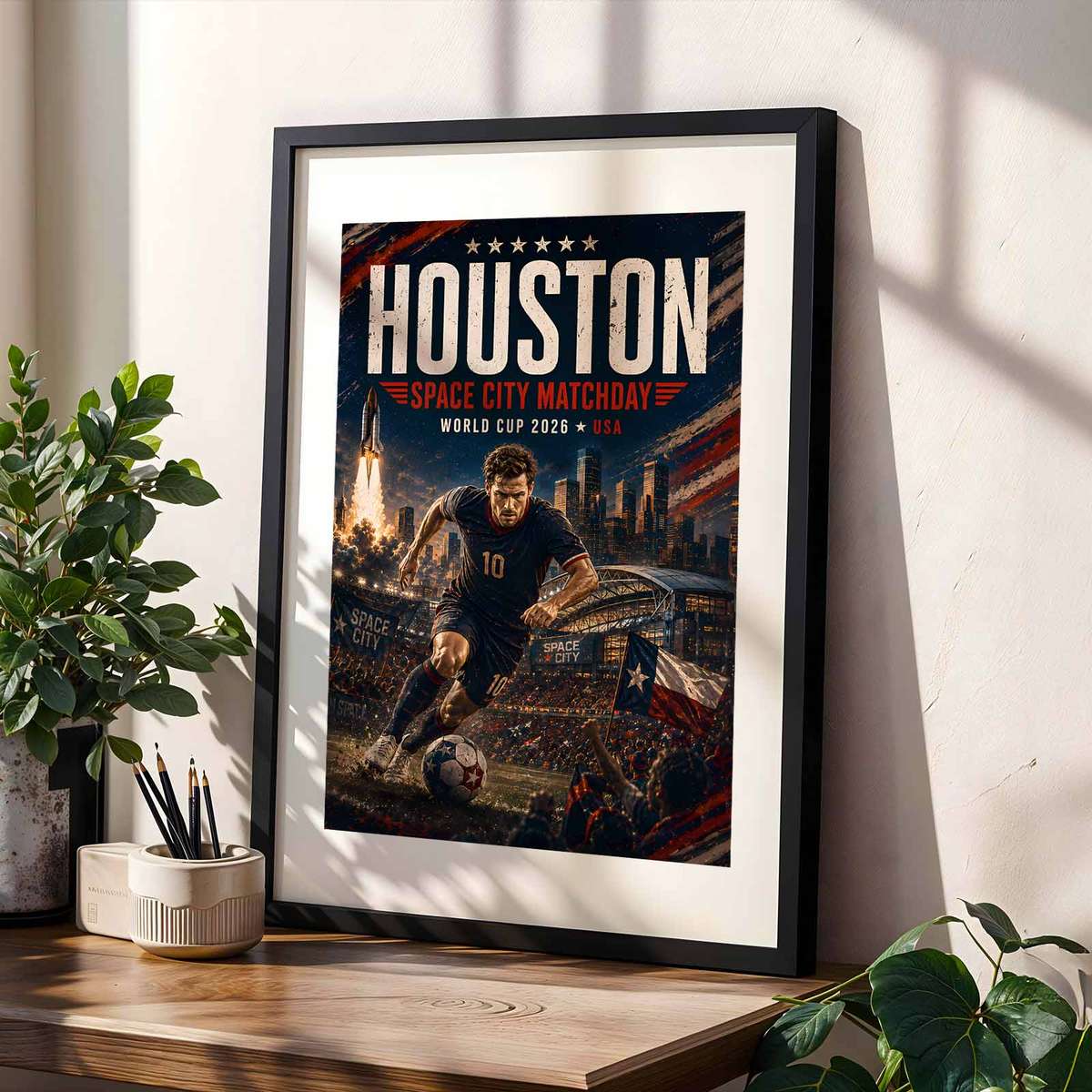 Houston skyline at sunset with stadium lights glowing during a World Cup 2026 match