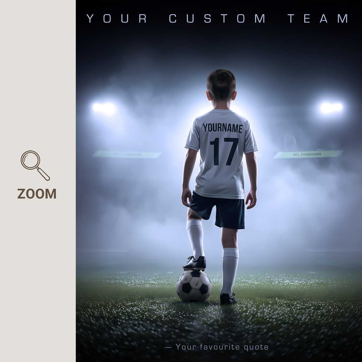 Cropped portrait photo on a custom football poster showing the player’s expression and pose