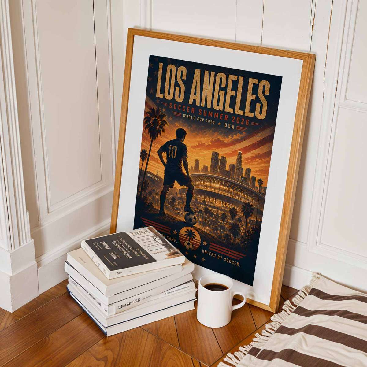 Stylized Los Angeles skyline at dusk with warm final-night stadium lights illuminating the city and a subtle soccer ball…