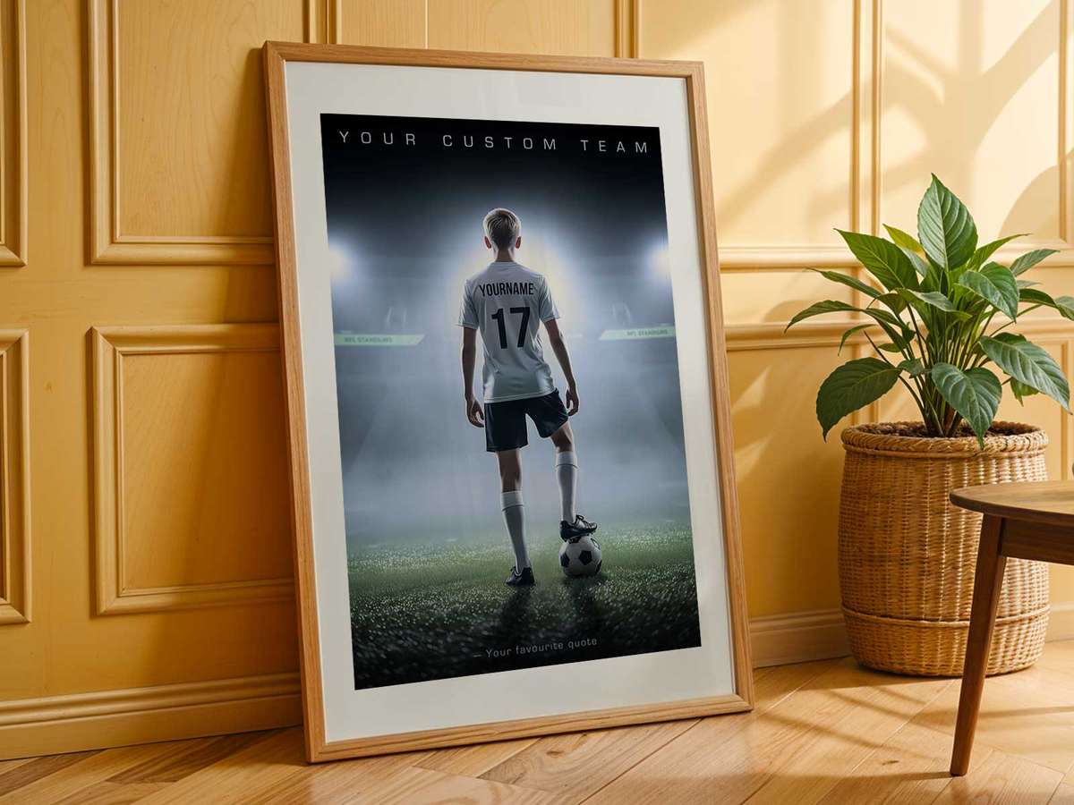 Illustrated poster-style ticket announcing a surprise matchday experience wrapped on a couch