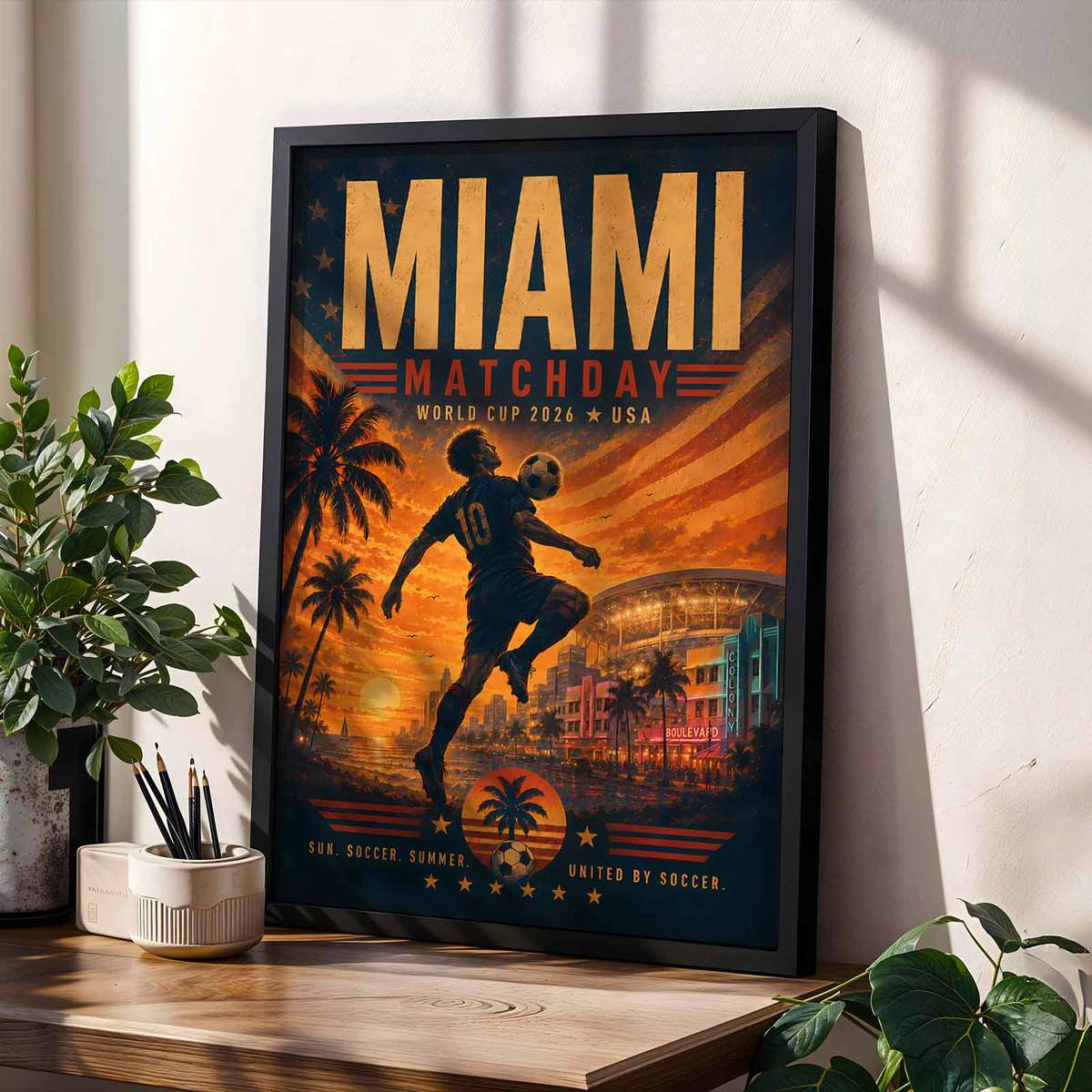 Silhouetted palm trees against a neon-lit Miami backdrop and stadium lights