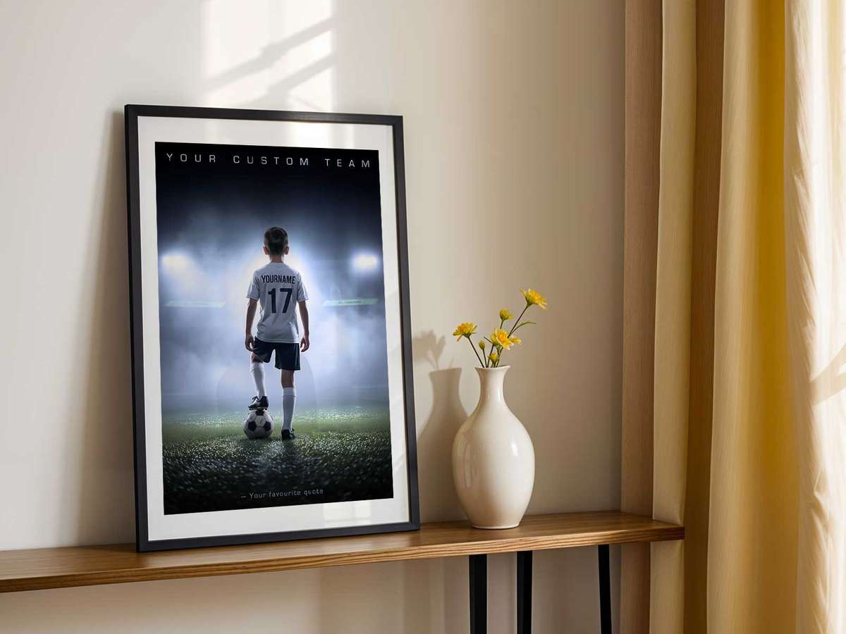 Minimalist poster with a bold jersey silhouette, season year and subtle club colors for a modern decorative statement