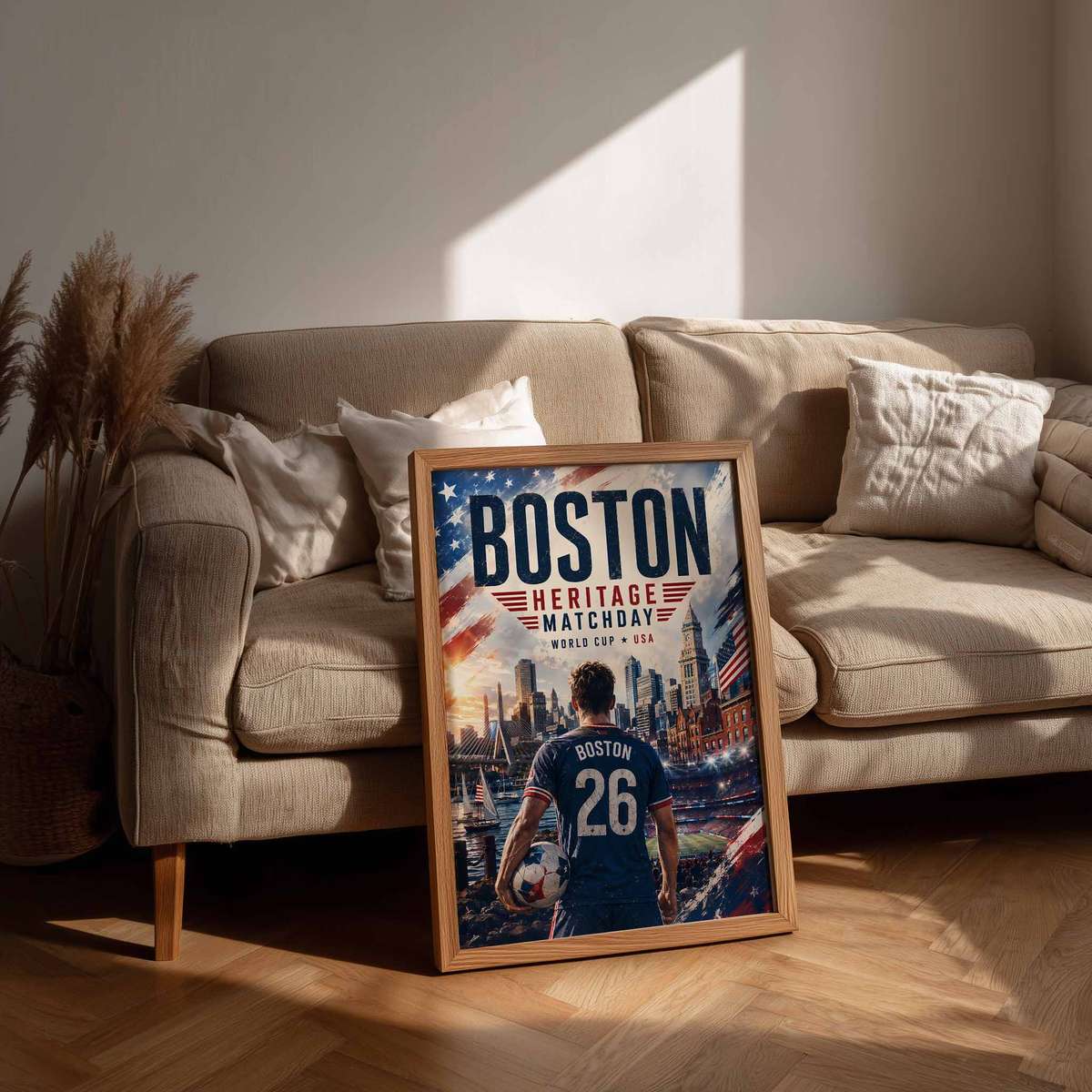Minimalist silhouette of a soccer player against a stylized Boston skyline, designed for bold poster contrast and iconic…