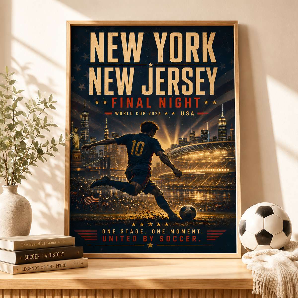 Minimalist poster combining a soccer icon silhouette with a stylized New York skyline and muted color palette