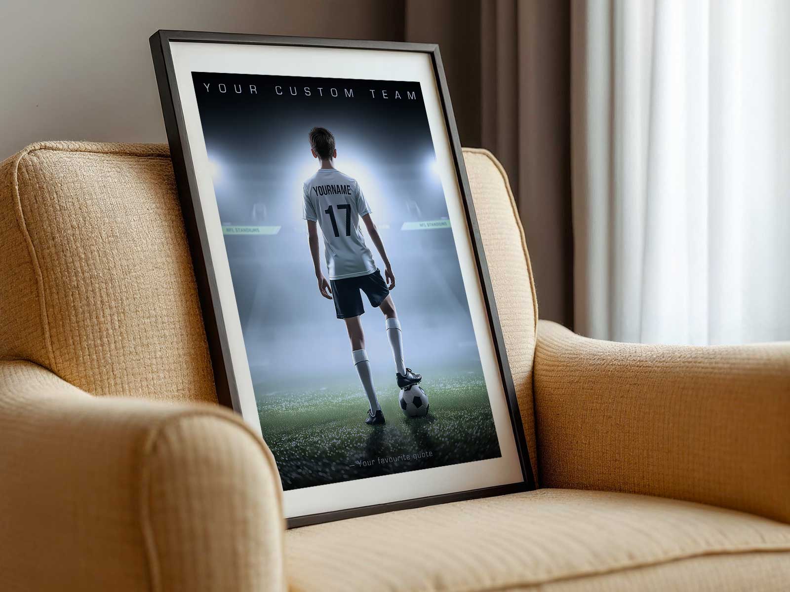 Close-up of a poster combining a motivational quote with the player’s silhouette, number, and hometown details