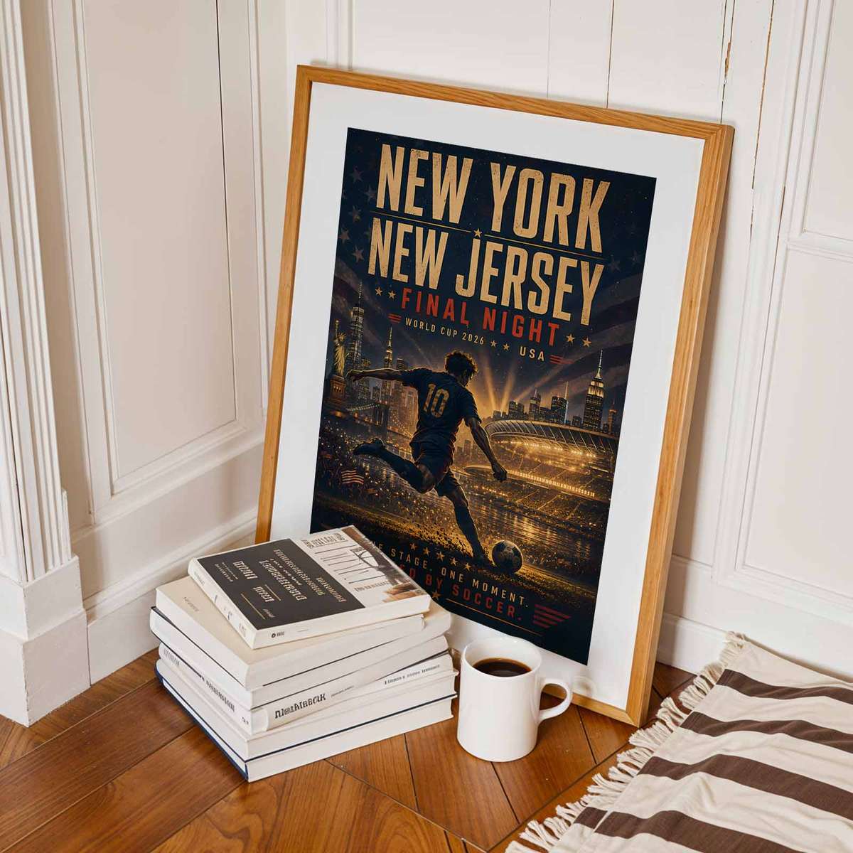 Poster of New York skyline at sunset with World Cup 2026 stadium lights glowing in the foreground