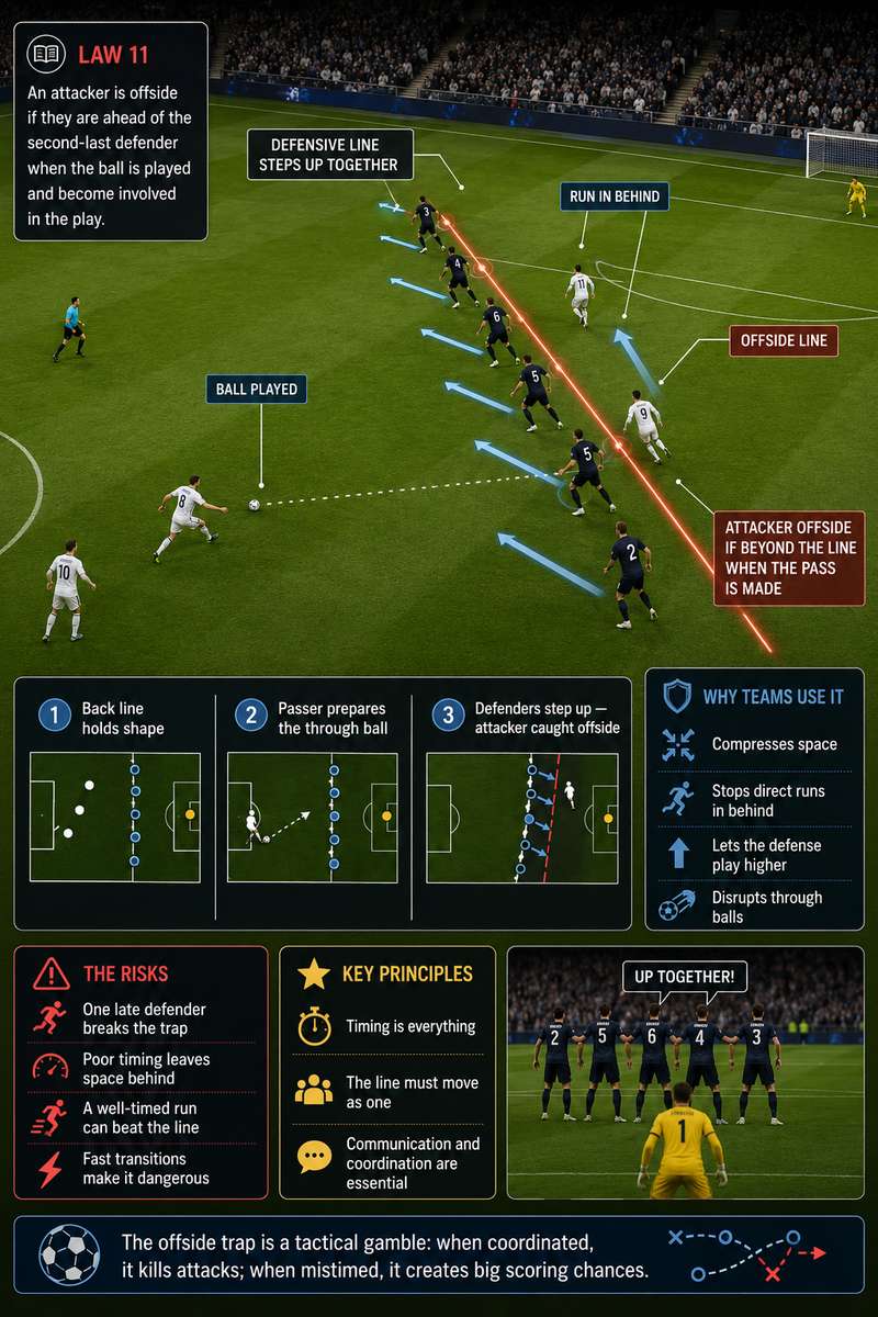 Coach pointing at the defensive line as players time their step to play the offside trap