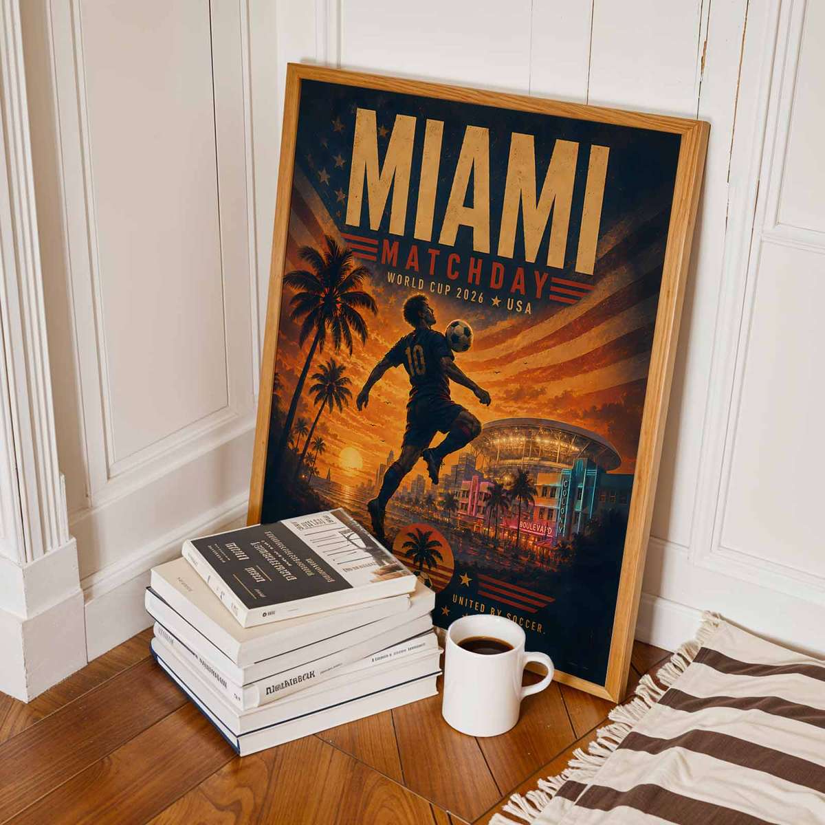 Framed World Cup 2026 poster hanging on a living room wall above a shelf of soccer memorabilia