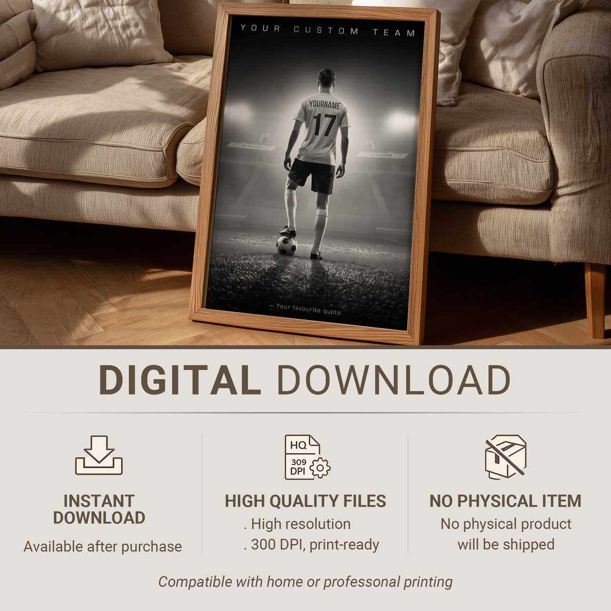 Framed inspirational soccer poster on a bedroom wall featuring a player’s name and number with warm bedside lighting