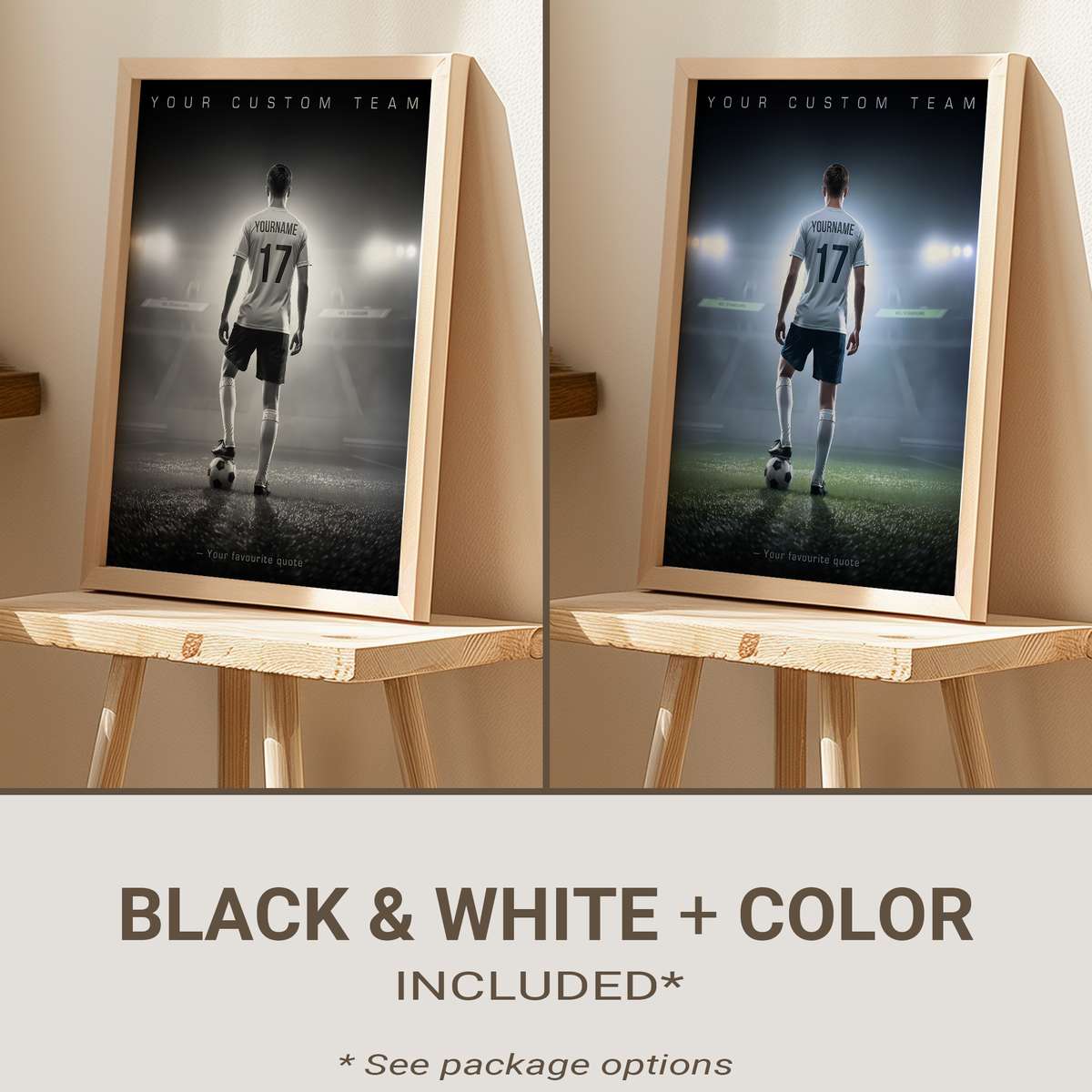 Framed inspirational soccer poster on a bedroom wall featuring a player’s name and number with warm bedside lighting
