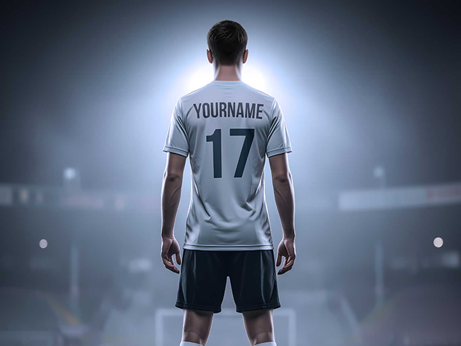 Framed inspirational soccer poster on a bedroom wall featuring a player’s name and number with warm bedside lighting