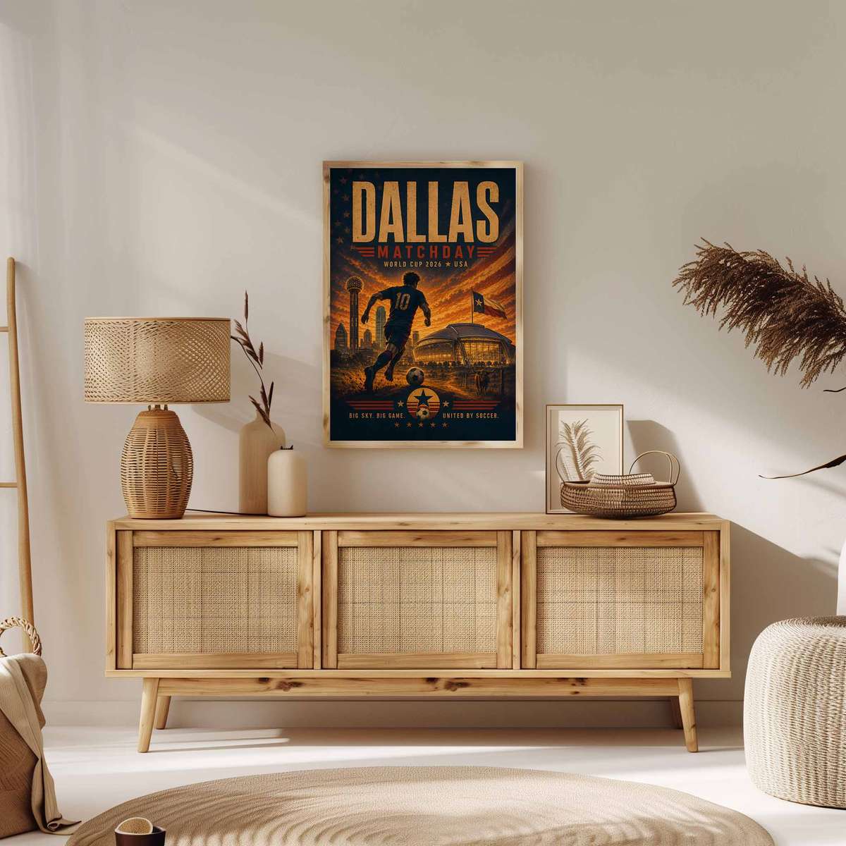 Customizable poster mockup showing space for fan name, match date, and a Dallas-themed border