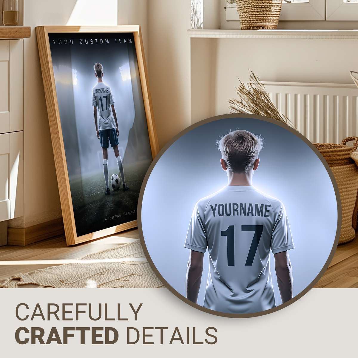 Framed vintage soccer poster showing a classic match scene in muted colors hung on a living room wall