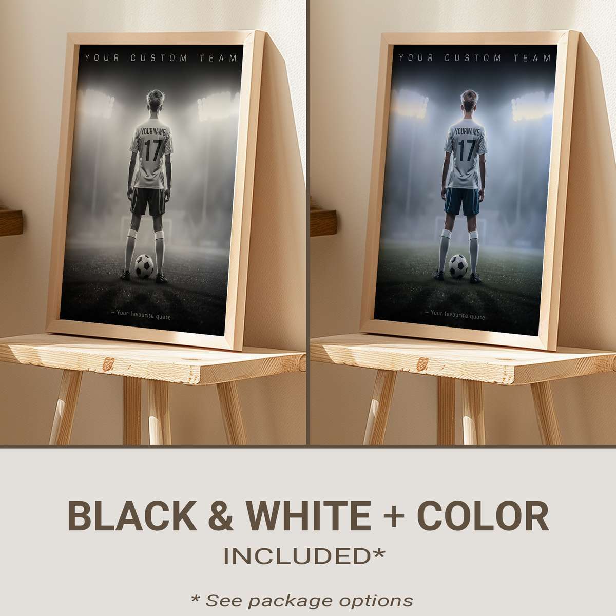Framed vintage soccer poster showing a classic match scene in muted colors hung on a living room wall