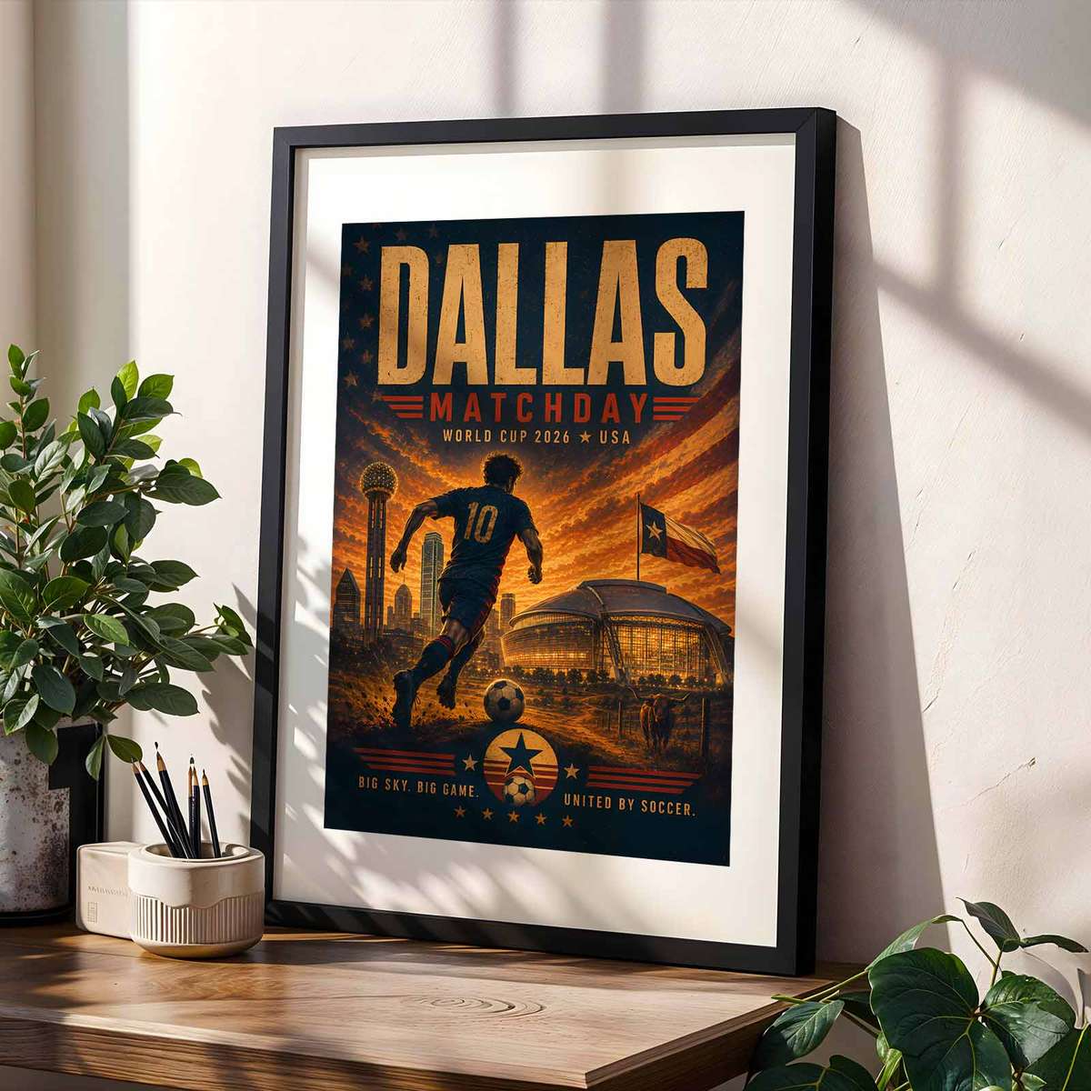 Silhouette of a player striking a pose against a stylized Dallas cityscape in a commemorative poster